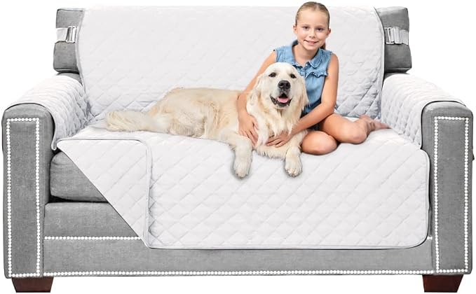 Sofa Shield® Couch Loveseat Covers for Dogs, Reversible Furniture Protector with Strap, Stain and Tear Resistant Cushion Cover, 54 inch Seat, Machine Washable Slipcover Dog Pets Cats, White