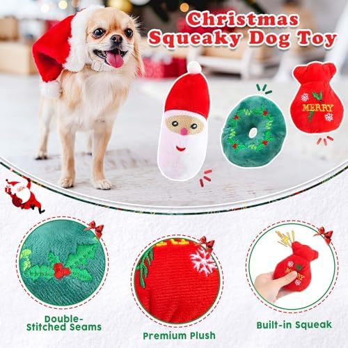 Christmas Dog Toys 9 Pack, Luxury Santa Puppy Chew Toy, Cotton Squeaky Plush Toys for Small Dogs, Durable Interactive Rope Treat Dog Ball and Bones, Rubber Teething Toys for Dogs Gifts - Image 4