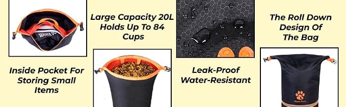 Dog Food Travel Bag - 84 Cups/26 lbs/20 Litre Capacity | Leak-Proof, Water-Resistant Dog Food Storage Container for Travel, Camping, RV & Outdoor | Collapsible, Easy-to-Clean Kibble Bag (Black)