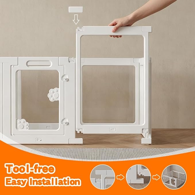 Clear Acrylic Dog Playpen with Door, 8-Panel 24 Inch Tall Indoor Puppy Enclosure with Secure Lock Door. Lightweight, Durable Washable Plastic, Easy Setup, Low Maintenance & Simple Cleaning（White）