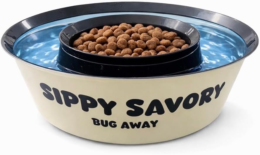 Ant Proof Dog Bowl & Cat Bowl with Water Moat by Sippy Savory® - Bug Proof Pet Feeding Bowl, BPA-Free Non-Slip Food Bowl for Indoor & Outdoor Dogs and Cats, Dishwasher Safe, Beige and Black.