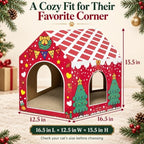 Christmas Cardboard Cat House for Indoor Cats with Scratcher Pad, Xmas House Holiday Hideout Decorations - Image 5