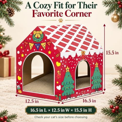 Christmas Cardboard Cat House for Indoor Cats with Scratcher Pad, Xmas House Holiday Hideout Decorations - Image 5