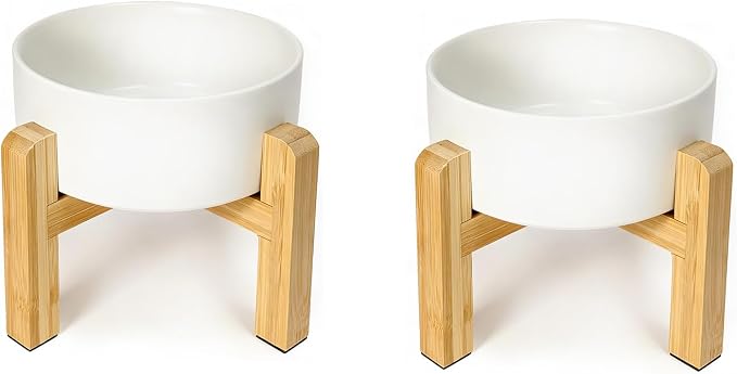 LIONWEI LIONWELI Ceramic Raised Dog Bowls, Medium - Set of 2 - Non Slip Wood Stand - Anti Vomiting - 850 ml - White