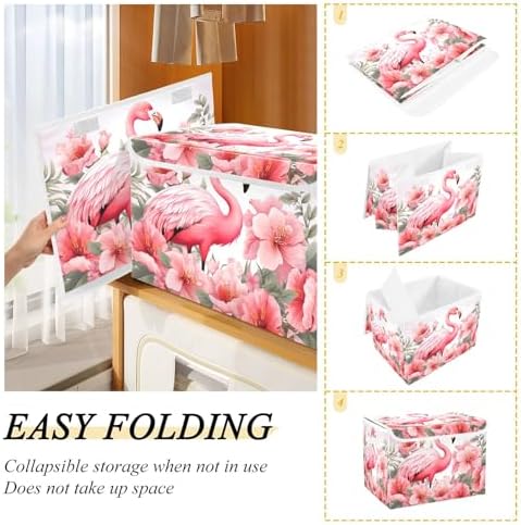 Bolaz Storage Bins with Lids and Handles,Pink Flamingo Storage Box Storage Basket with Cover Collapsible Organizer Containers for Home Closet, Shelves - Image 4