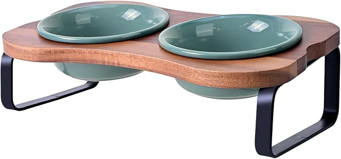 SPUNKYJUNKY Ceramic Elevated Tilted Dog Bowls Bone-Shaped Raised with 2 Height Iron Stand, 4.9'' Dog and Cat Food Water Bowls Set Non-Slip for Puppy Kitten Small Sized Breed - 7 OZ,Dark Green