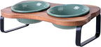 SPUNKYJUNKY Ceramic Elevated Tilted Dog Bowls Bone-Shaped Raised with 2 Height Iron Stand, 4.9'' Dog and Cat Food Water Bowls Set Non-Slip for Puppy Kitten Small Sized Breed - 7 OZ,Dark Green