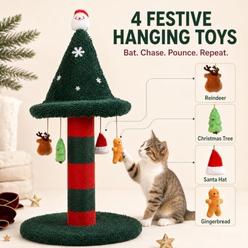 Cat Scratching Post with 4 Hanging Plush Toy - Christmas Tree Alternative Give Your Cat a Toy and Scratching Post in One with This Ultimate Tree 30 * 15 Inch Red Green - Image 4