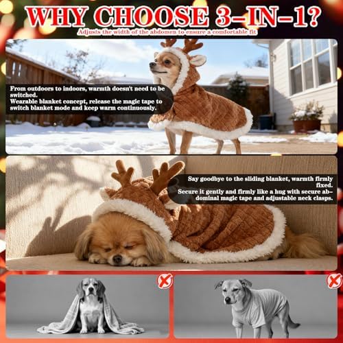 EXPAWLORER Dog Christmas Costume Winter Coat with Hat, Fleece Warm Elk Pet Cloak Cape Blanket with Antlers for Cold Weather, Thicken Dog Sweater Jacket Clothes for Small Medium Large Dogs Cats Brown M - Image 3