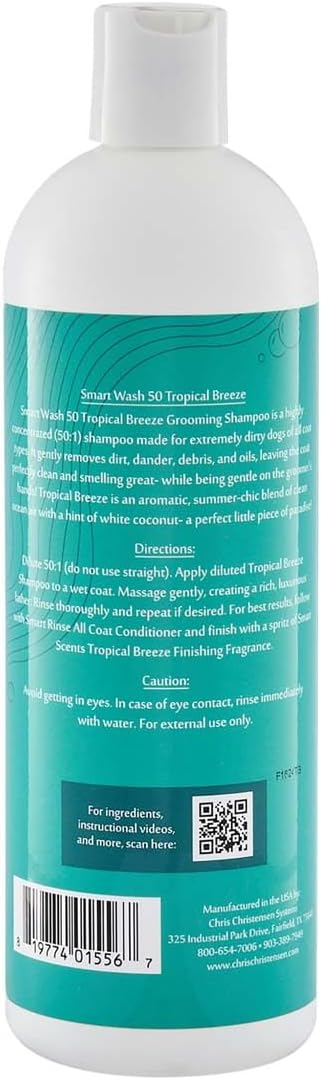 Chris Christensen Smartwash50 Tropical Breeze Ultra Concentrated Dog Shampoo, Makes Up to 50 Bottles, Groom Like a Professional, Delightfully Fragranced, Suitable for All Coats, Made in USA, 16 Oz