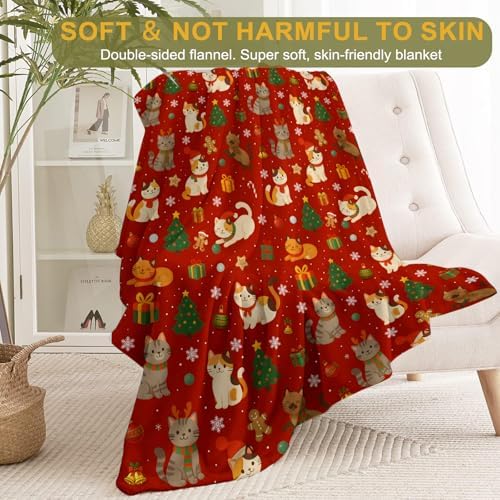 Cat Christmas Decorative Throw Blanket, Kitten Tree Gingerbread Snowflake Print Decoration, Soft Flannel Winter Blankets for Couch Bed Sofa, Holiday Home Decor, Xmas Festival Gifts 40x50 Inch - Image 2