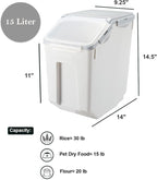 15 Liter / 30 lbs Rice Storage Container with Measuring Cup, BPA free, For Rice | Grain | Pet Food | Flour, 1 count, White & Gray