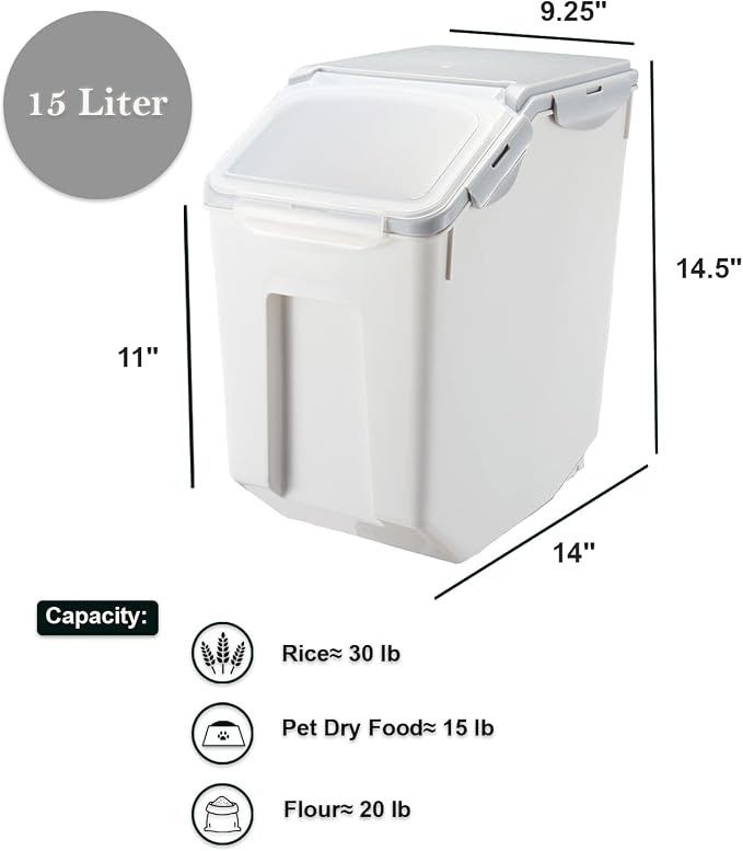 15 Liter / 30 lbs Rice Storage Container with Measuring Cup, BPA free, For Rice | Grain | Pet Food | Flour, 1 count, White & Gray