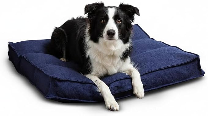 Indoor Dog Bed with Removable Washable Cover, Soft Basketweave Fabric, Reversible Cushion, Carry Handle, Baffle Construction to Help Prevent Fill Shifting, Cobalt - Medium (32"x32")
