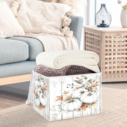 Bolaz Storage Bins with Lids and Handles,White Pumpkin Wood Storage Box Basket with Cover Collapsible Organizer Containers for Home Closet, Shelves - Image 5