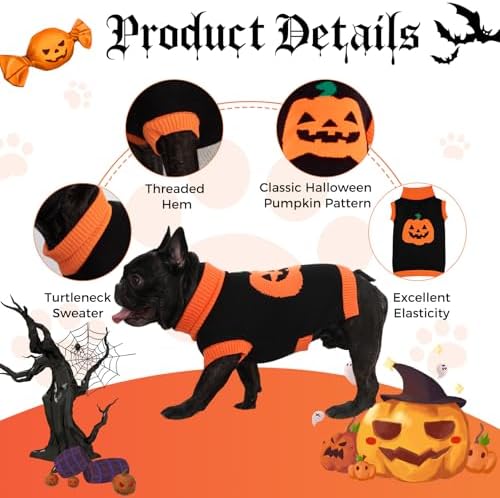 Halloween Dog Sweater Costumes for Small Medium Dogs Adorable Festival Pattern Pumpkin Sweater Turtleneck Knitted Pet Puppy Clothes Soft Warm Cold Weather Dog Halloween Costume Party Outfit - Image 5