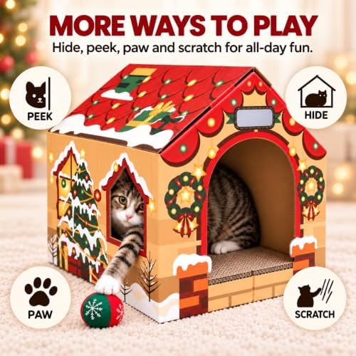 Gift Box Christmas Cat House, A Gift to Play in, 2 Scratchers & Catnip - Image 2
