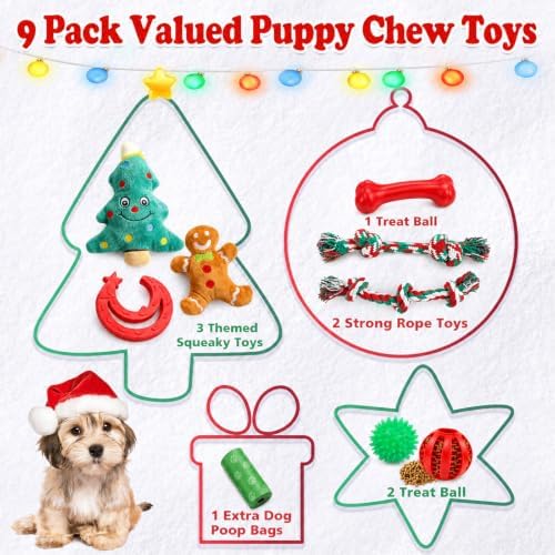 Christmas Dog Toys 9 Pack, Luxury Santa Puppy Chew Toy, Cotton Squeaky Plush Toys for Small Dogs, Durable Interactive Rope Treat Dog Ball and Bones, Rubber Teething Toys for Dogs Gifts - Image 2