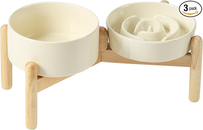 Havniva Elevated Slow Feeder Dog Bowls, Ceramic Dog Bowl Slow Feeder Set | 0.9 Cups Raised Slow Feeding Bowl for Small Breed, 6.1” Dog Water Bowl with Wooden Stand, Puzzle Dog Slow Feeder, Non-slip