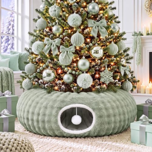 Christmas Tree Cat Tunnel 36 in Donut Bed, Green, Bubble Fleece, Fluffy by SilTriangle