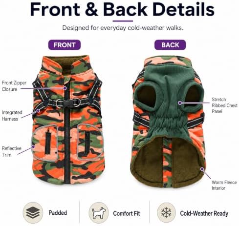 Dog Winter Coat for Large Dogs with Harness, Orange Camo, XL - Image 5