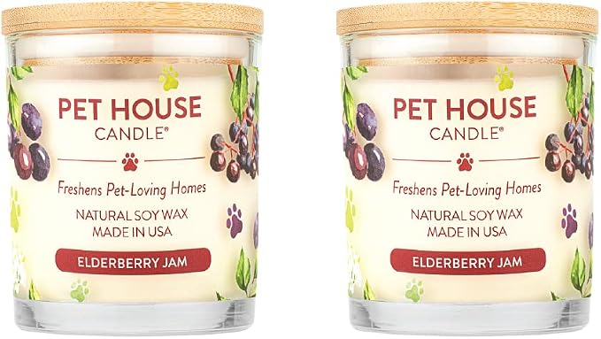 Pet House Candle 2 Pack - Plant-Based/Soy - Clean Burning Scented, Long Lasting Pet Odor Candle for Home - Elderberry Jam
