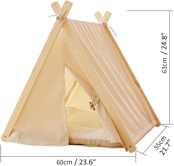 Solid Wood Indoor Pet Tent With Thick Mat - Portable Cat and Dog House Teepee, Cute Cave Bed (Off White)