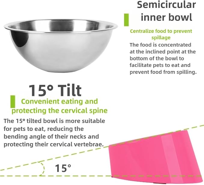15° Tilted Dog Bowl for Flat-Faced Breeds, Ergonomic Elevated Feeder with Non-Slip Base, Anti-Choke Stainless Steel Food & Water Bowls for Small Dogs French Bulldog Pug (S, Pink)