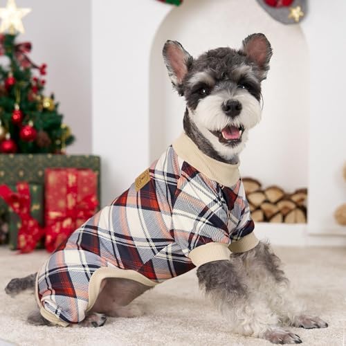 XPUDAC 4 Pack Dog Pajamas for Small Dogs Cats Plaid Doggie Clothes Puppy Onesies Christmas Pajamas Jumpsuits Pet Pjs Shirt Apparel Medium, Red Green Beige Grey - Image 3