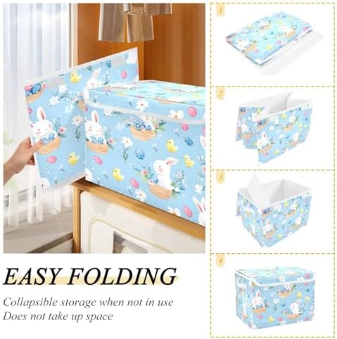 Bolaz Cute Bunny Easter Egg Pattern Storage Bins with Lids and Handles, Storage Box Basket with Cover Collapsible Organizer Containers for Home Closet, Shelves - Image 4