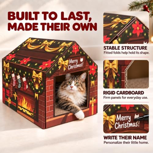 Fireplace Christmas Cat House, Cozy Hideaway with 2 Scratchers & Catnip - Image 6