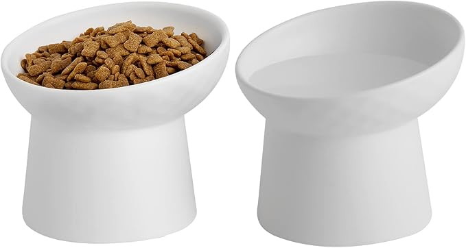 Elevated Cat Bowls, 15° Tilted Ceramic Raised Cat Food and Water Bowl Set, Whisker-Friendly Porcelain Pet Feeder Dishes for Indoor Cats and Small Dogs,White,5.2 Inch,1 Pack