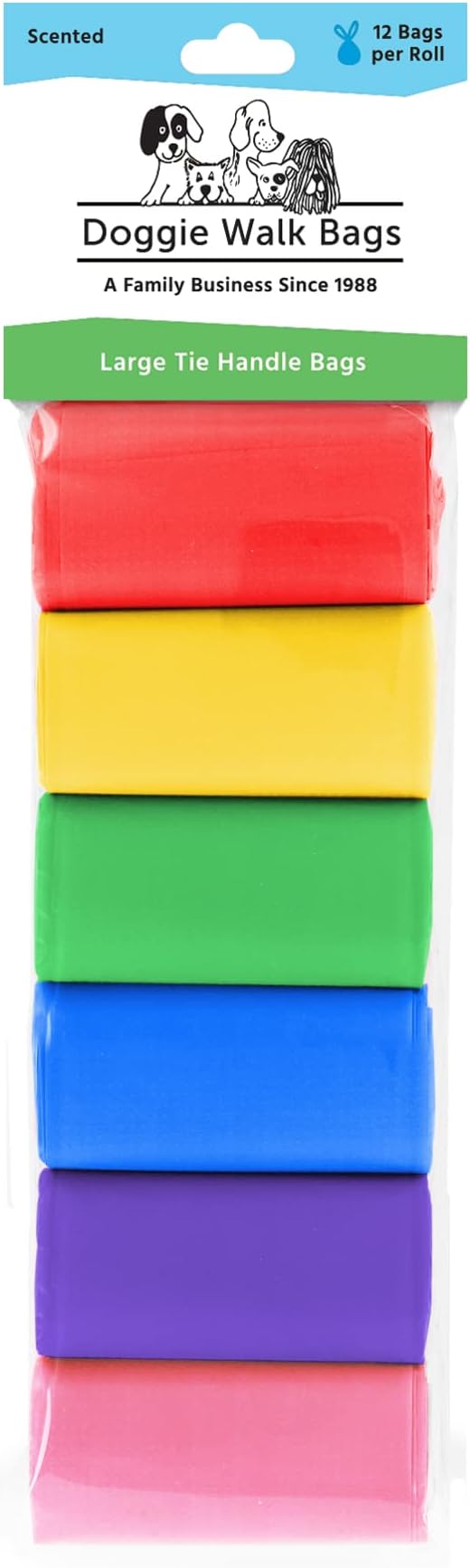 Large Dog Waste Bags on a Roll with Easy Tie Handles, Extra Thick and Strong Dog Poop Bags, 288 Count, Scented, Rainbow