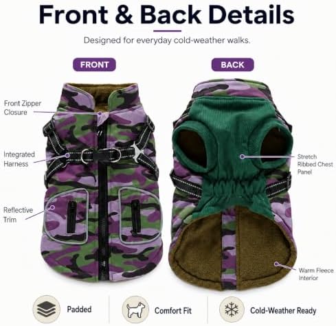 Dog Winter Coat for Small Dogs with Harness, Purple Camo, S - Image 5