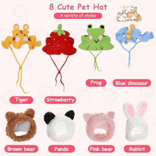 8 Pcs Cat Costume Hats, Cat Costume Halloween Bunny Hat Outfit with Ears, Cute Bear Pet Hat, Funny Pet Hats for Kitten and Small Dogs Puppy Party Christmas Easter Accessory Headwear - Image 2