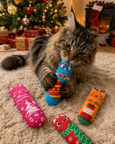 PET SHOW 4 Pack Christmas Cat Kicker Toys with Catnip Crinkle Sound Toys for Indoor Cats Random Assorsted Santa Gift Plush Kittens Shape Natural Interactive Toys Pet Kitty - Image 6