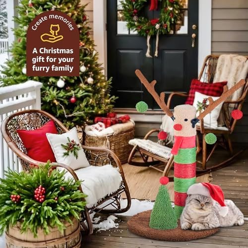 BOLUO Christmas Cat Scratching Post Deer Cat Trees for Adult Cats Scratcher Cute Toy Kitten Kitty Sisal Scratch with Teaser Ball Indoor 25 inch - Image 6