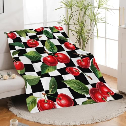 Cherry Blanket for Girls Women Adults Kids Soft Cozy Fleece Fruit Buffalo Plaid Preppy Gifts Throw Blankets Warm Flannel Plush Lightweight Decor for Couch Bed Sofa 80"X60" - Image 3
