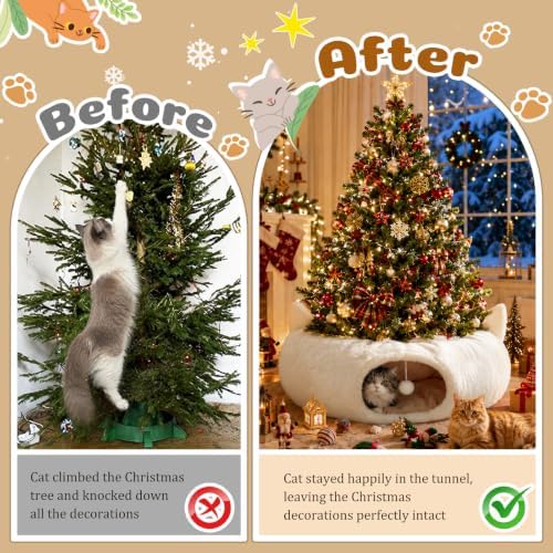 White Plush Cat Tunnel Christmas Tree Skirt, 2-in-1 Cat Donut Tunnel Bed - Image 5