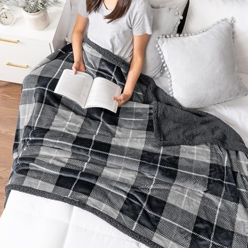 PAVILIA Twin Plaid Sherpa Throw Blanket for Couch Sofa Bed Dark Grey, 60x80 - Image 3