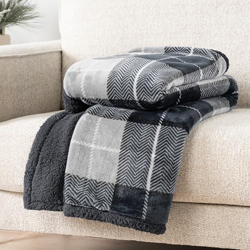 PAVILIA Twin Plaid Sherpa Throw Blanket for Couch Sofa Bed Dark Grey, 60x80 - Image 4