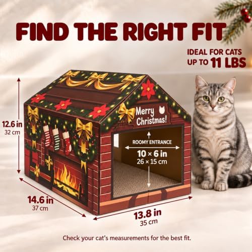 Fireplace Christmas Cat House, Cozy Hideaway with 2 Scratchers & Catnip - Image 5