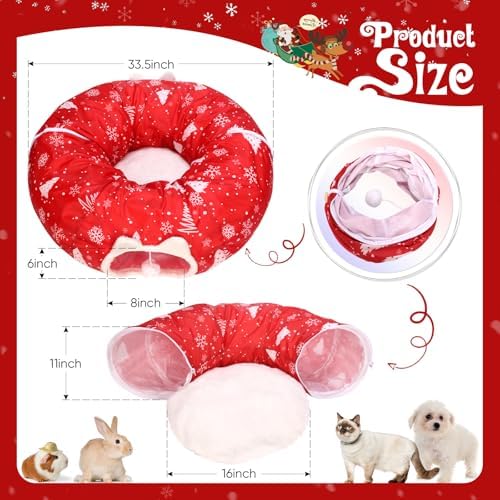 Cat Tunnel Bed Under Christmas Tree, Cat Tunnel Christmas Tree Skirt for Indoor Cats, Donut Tunnel Toys for Multiple & Large Carts, for Kitten, Rabbit, Puppy, Red Snowflake - Image 6