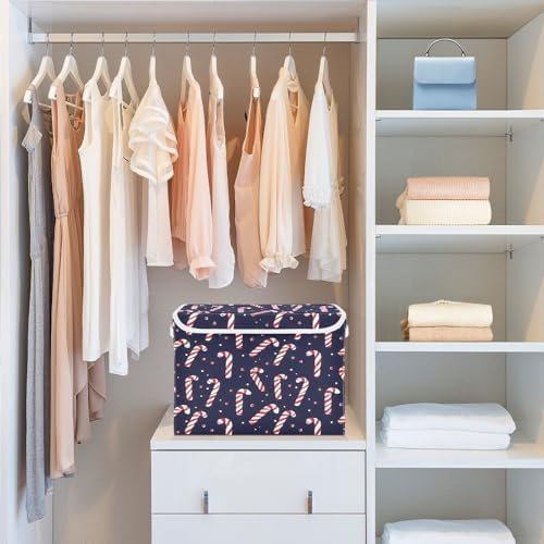 Bolaz Storage Bins with Lids and Handles,Christmas Candy Cane Pattern Storage Box Basket with Cover Collapsible Organizer Containers for Home Closet, Shelves - Image 6