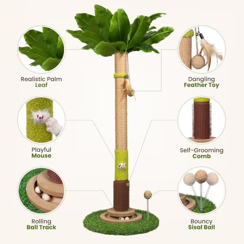 37'' Tall Cat Scratching Post, Sturdy Cat Tree Tower with Plush Perch, Hanging Toy & Interactive Wooden Ball, Durable Sisal Scratcher for Indoor Cats and Kittens - Image 3