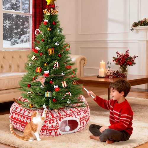 Cat Tunnel Bed Under Christmas Tree 35.4" Festive Circle Cat Tunnel with Feather Toys Adjustable Bibs Foldable Holiday Decorative Pet Cave for Indoor Cats Small Animals Fits Under Tree Skirt - Image 6