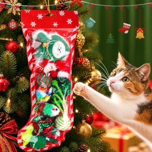 Christmas Stocking Cat Toys, 15PCS Christmas Cat Toy Set with Mouse, Squeaky Toys, Balls, Cat Teaser, Indoor Interactive Cat Toy Gift - Green - Image 5