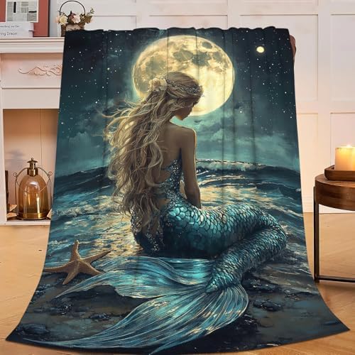 Mermaid Throw Blanket Beach Moon Night Mermaid Stuff Gifts for Kids Girls Boys Adults Women Men Soft Cozy Warm Plush Fluffy Fuzzy Fleece Blanket Decor 40''X50'' by Fuzawet
