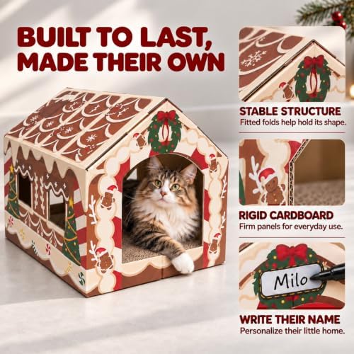 Gingerbread Christmas Cat House, Sweet Hideaway with 2 Scratchers & Catnip - Image 6