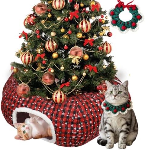 Buffalo Plaid Cat Tunnel Christmas Tree Skirt, Multifunctional Christmas Tree Protector Cat Washable Indoor Cat Donut Cave Bed Kitty Hideout Tubes for Small Animal,32"×10" by Unknown